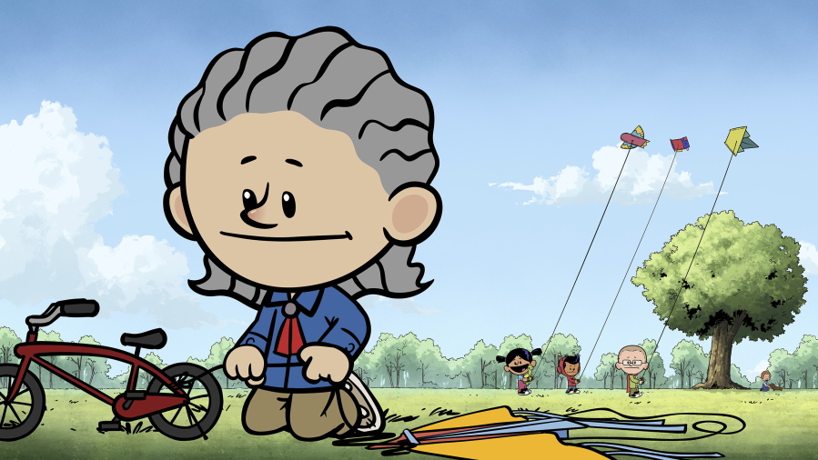 This image released by PBS Kids shows an animated Temple Grandin, foreground, as other characters Yadina, from background left, Xavier and Brad fly kites in a scene from &quot;Xavier Riddle and the Secret Museum.&quot; The episode, premiering on April 5, is one of several ways PBS Kids is shining a spotlight on characters with autism during Autism Awareness Month.