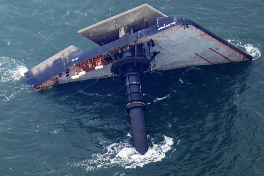 The capsized lift boat Seacor Power is seen seven miles off the coast of Louisiana in the Gulf of Mexico Sunday, April 18, 2021. The vessel capsized during a storm on Tuesday.
