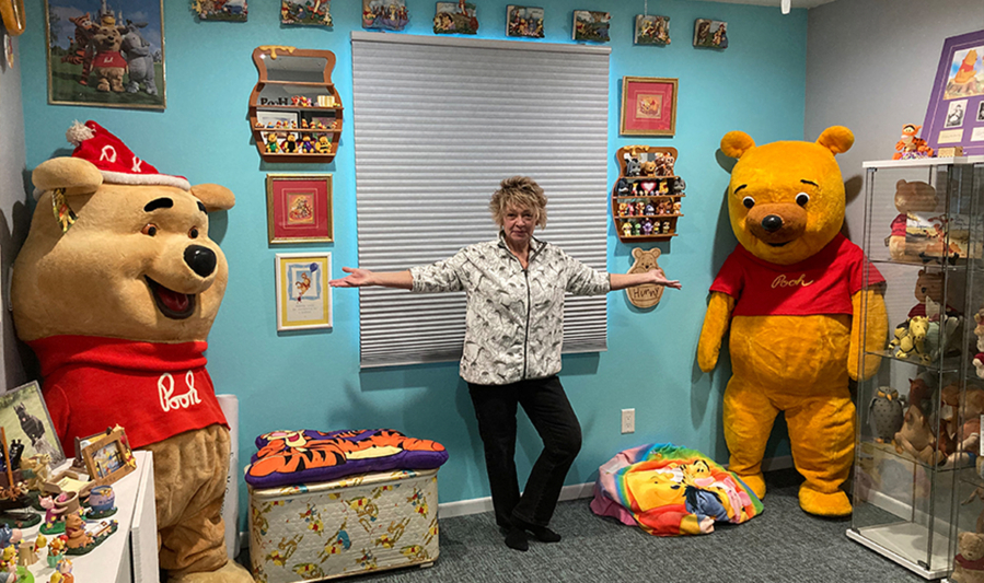 Deb Hoffmann owns the Winnie the Pooh costume used at Disney parks in the 1960s and 1970s (left) as well as one used in Sears during the 1970s and 1980s (right).