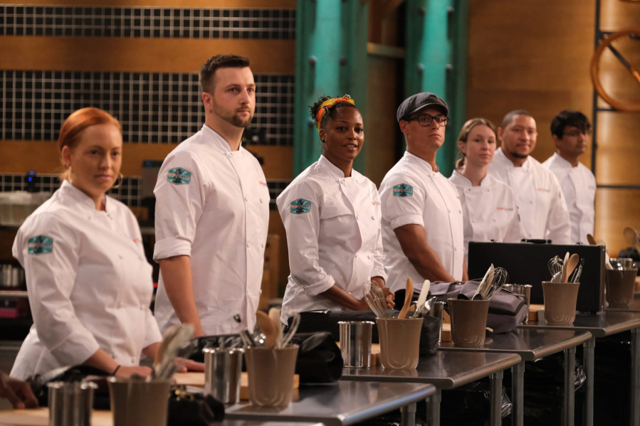 "Top Chef" is based in Portland for Season 18. Among the chefs competing, from left, are Sasha Grumman, Gabriel Pascuzzi, Dawn Burrell, Byron Gomez, Sara Hauman, Nelson German and Avishar Barua.