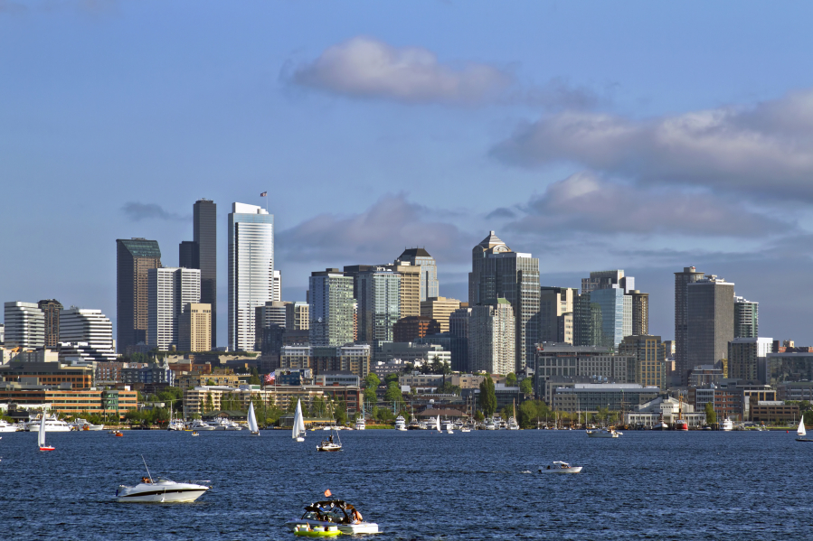A view of boats and the Seattle, skyline on Lake Union. New boat sales in Washington were up 12 percent last year.