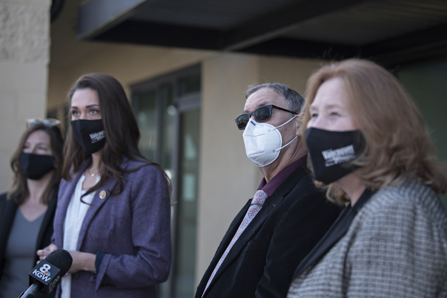 Clark County Councilor Temple Lentz, from left, joins Rep. Jaime Herrera Beutler, Dr. Alan Melnick and Mayor Anne McEnerny-Ogle as they answer questions from the press at the Tower Mall vaccination site on Monday morning, April 5, 2021.