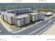 Conceptual renderings included in the pre-application packet from Romano Development and Otak show the size and orientation of the proposed Eleva apartment development at Columbia Palisades. The proposed project would be located at the southwest corner of the intersection of Southeast 192nd Avenue and Southeast Brady Road.