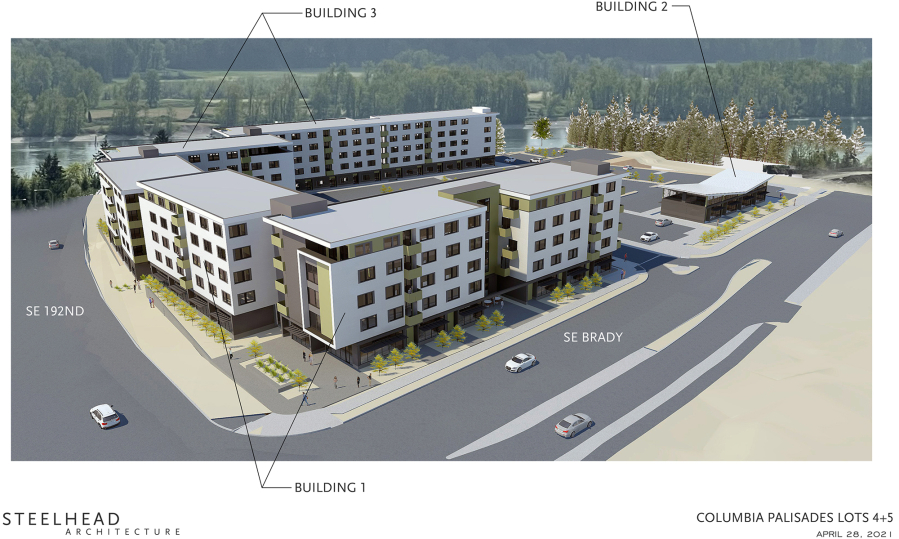 Conceptual renderings included in the pre-application packet from Romano Development and Otak show the size and orientation of the proposed Eleva apartment development at Columbia Palisades. The proposed project would be located at the southwest corner of the intersection of Southeast 192nd Avenue and Southeast Brady Road.