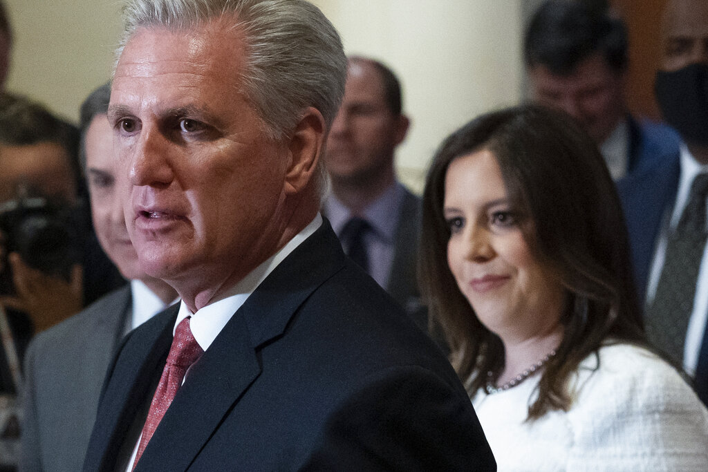 House Minority Leader Kevin McCarthy of Calif., speaks with reporters, joined by newly-elected House Republican Conference Chair Rep. Elise Stefanik, R-N.Y., on Capitol Hill Friday, May 14, 2021, in Washington. Republicans voted Friday morning for Stefanik to be the new chair for the House Republican Conference, replacing Rep. Liz Cheney, R-Wyo., who was ousted from the GOP leadership for criticizing former President Donald Trump.
