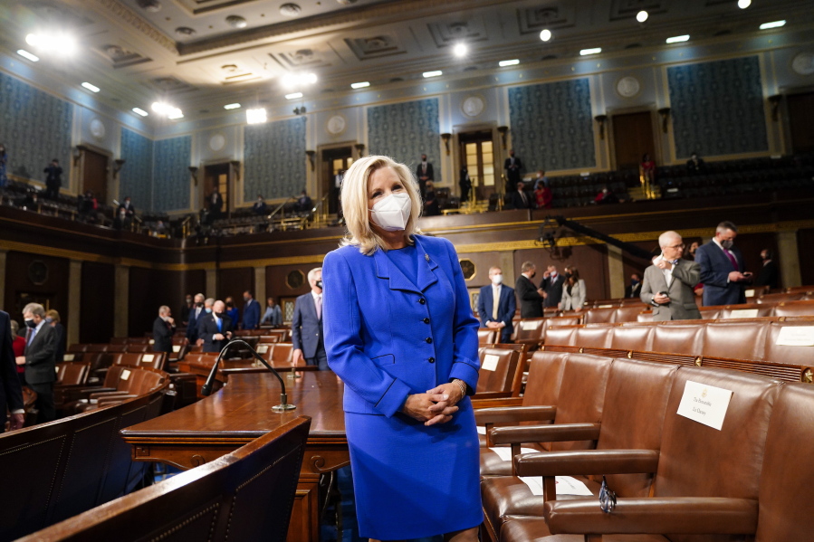 Rep. Liz Cheney, R-Wyo., arrives to the chamber ahead of President Joe Biden speaking to a joint session of Congress, Wednesday, April 28, 2021, in the House Chamber at the U.S. Capitol in Washington.