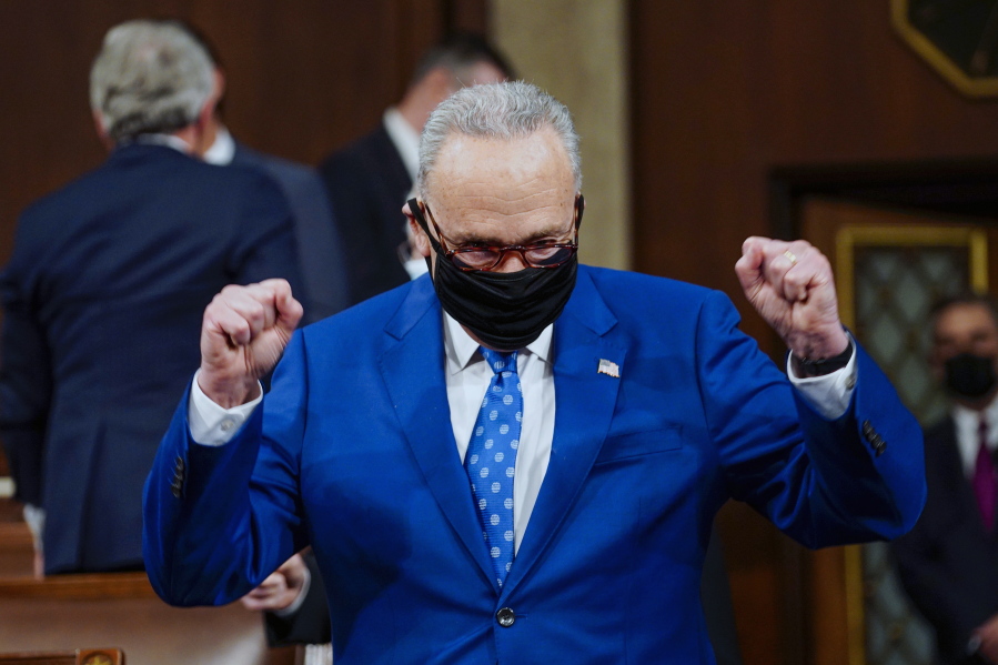 Senate Majority Leader Chuck Schumer of N.Y., arrives to the chamber ahead of President Joe Biden speaking to a joint session of Congress, Wednesday, April 28, 2021, in the House Chamber at the U.S. Capitol in Washington.