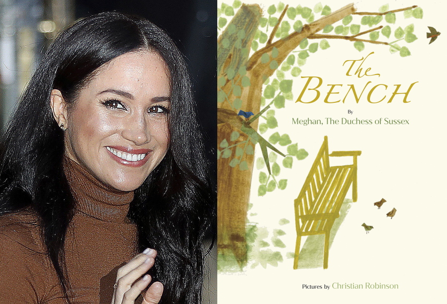 This combination photo shows Meghan, Duchess of Sussex leaving Canada House in London, on Jan. 7, 2020, left, and cover art for her upcoming children's book "The Bench," with pictures by Christian Robinson. The book will publish on June 8.