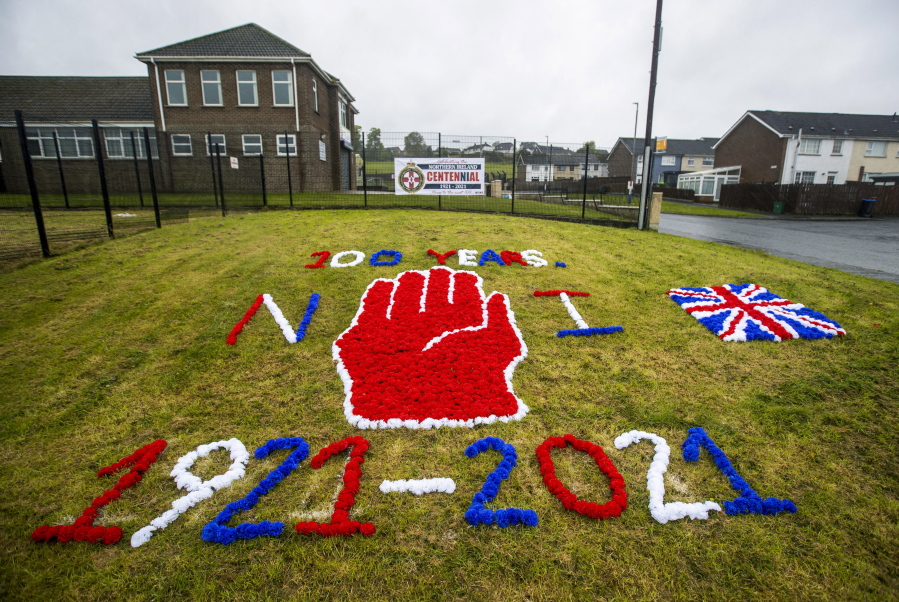 A display on grass celebrating the 100 year centenary of Northern Ireland, in Ballyduff, Newtonabbey, Northern Ireland, on Monday.
