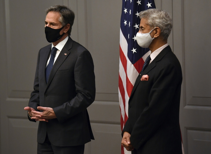 US Secretary of State Antony Blinken, left, attends a press conference with India's Foreign Minister Subrahmanyam Jaishankar following a bilateral meeting in London on Monday, May 3, 2021.