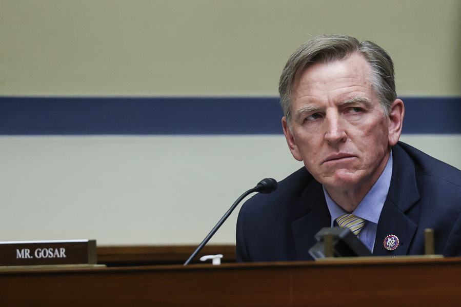 Rep. Paul Gosar, R-Ariz., listens during a House Oversight and Reform Committee regarding the on Jan. 6 attack on the U.S. Capitol, on Capitol Hill in Washington, Wednesday, May 12, 2021.