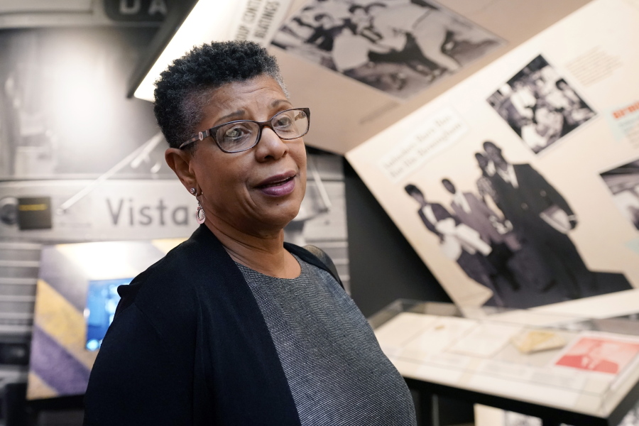 Denise Morse recalls a story about her father, the late C.T. Vivian, on Wednesday, May 26, 2021, at the Mississippi Civil Rights Museum in Jackson, Miss. Vivian was among the activists arrested in Jackson in May 1961 after they challenged segregation as Freedom Riders. Vivian was awarded the Presidential Medal of Freedom in 2013, and he died in July 2020 in Atlanta. Jackson's current mayor declared Wednesday as C.T. Vivian Day in Mississippi's capital city. (AP Photo/Rogelio V.