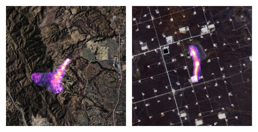 This combination of satellite images provided by the Kayrros data analytics company shows methane plumes, captured using specialized sensors overlaid on optical photos, rising from natural gas sites in Aliso Canyon north of Los Angeles on Oct. 26, 2015, left, and the Permian Basin in Texas on Nov. 8, 2020. According to a United Nations report released on Thursday, May 6, 2021, cutting the super-potent greenhouse gas methane quickly and dramatically is the world's best hope to slow and limit the worst of global warming.