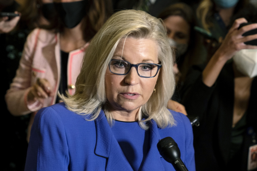 Rep. Liz Cheney, R-Wyo., speaks to reporters after House Republicans voted to oust her from her leadership post as chair of the House Republican Conference because of her repeated criticism of former President Donald Trump for his false claims of election fraud and his role in instigating the Jan. 6 U.S. Capitol attack, at the Capitol in Washington, Wednesday, May 12, 2021.
