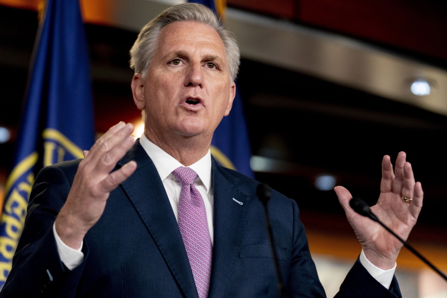 House Minority Leader Kevin McCarthy of Calif., speaks during his weekly press briefing on Capitol Hill, Thursday, April 22, 2021, in Washington.