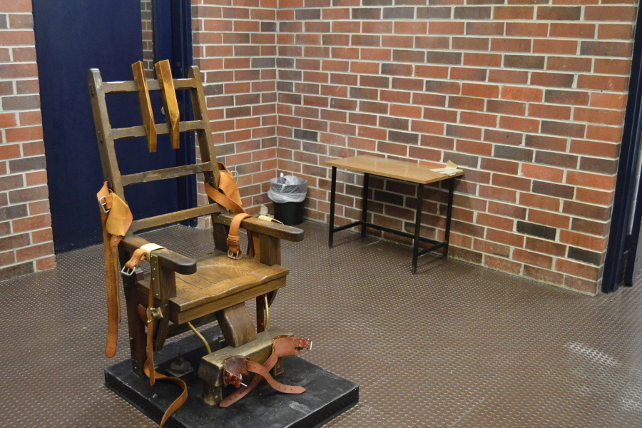 FILE - This March 2019, file photo, provided by the South Carolina Department of Corrections shows the state's electric chair in Columbia, S.C. South Carolina House members may soon debate whether to restart the state's stalled death penalty with the electric chair and whether to add a firing squad to the execution methods. The state's House Judiciary Committee approved a bill Tuesday, April 27, 2021, that would let condemned inmates choose death by being shot in the heart by several sharpshooters.