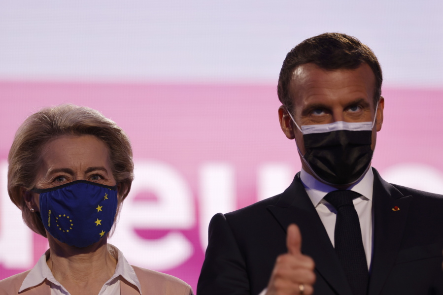 European Commission President Ursula von der Leyen and French President Emmanuel Macron attend Europe Day ceremony and the Future of Europe conference at the European Parliament in Strasbourg, eastern France, Sunday, May 9, 2021.