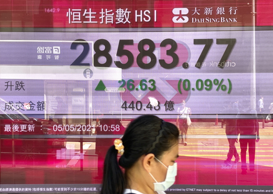 A woman walks past a bank's electronic board showing the Hong Kong share index at Hong Kong Stock Exchange in Hong Kong Wednesday, May 5, 2021. Major Asian stock markets advanced Wednesday after Wall Street fell, while Chinese and Japanese markets were closed for holidays.