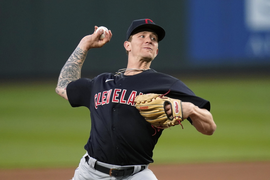 Cleveland Indians starting pitcher Zach Plesac throws to a Seattle Mariners batter during the fifth inning of a baseball game Thursday, May 13, 2021, in Seattle.