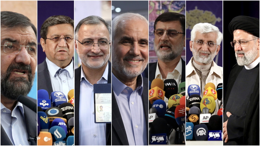 This combination of seven photos shows approved candidates for the June 18, Iranian presidential elections from left to right, Mohsen Rezaei, a former commander of the Revolutionary Guard, Abdolnasser Hemmati, head of central bank of Iran, Alireza Zakani, a former lawmaker, Mohsen Mehralizadeh, a former provincial governor, Amir Hossein Ghazizadeh Hashemi, deputy Parliament Speaker, Saeed Jalili, former top nuclear negotiator, Ebrahim Raisi, head of the Judiciary. Iran named the seven candidates Tuesday, May 25 and barred prominent candidates allied to its current president amid tensions with the West over its tattered nuclear deal.