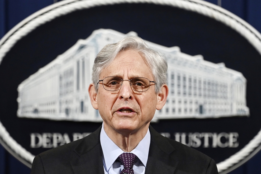 FILE - In this April 26, 2021, file photo Attorney General Merrick Garland speaks at the Department of Justice in Washington, The Justice Department is opening a sweeping probe into policing in Louisville after the March 2020 death of Breonna Taylor, who was shot to death by police during a raid at her home.