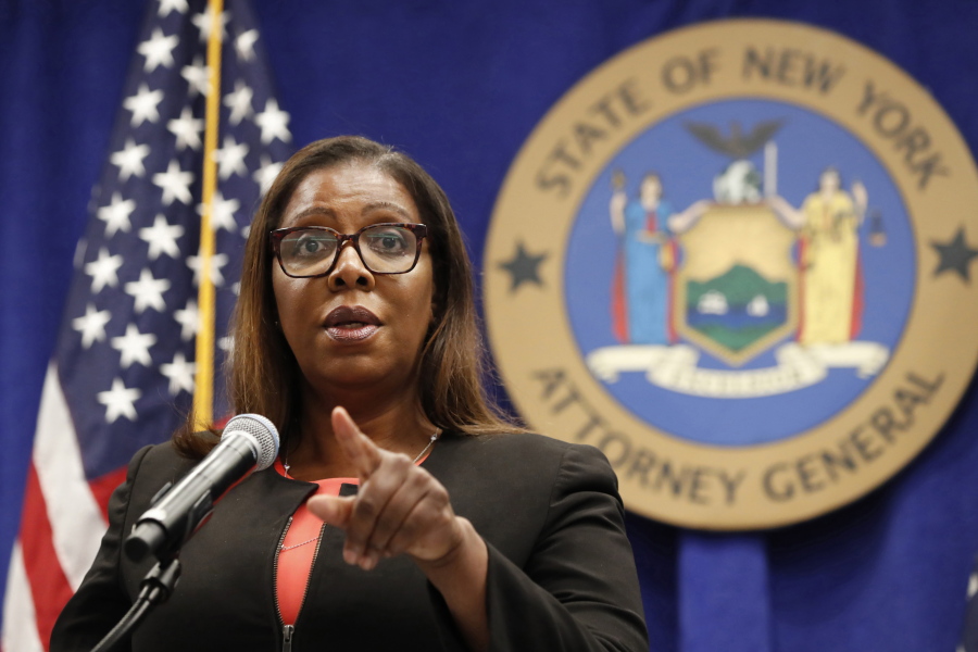FILE- In this Aug. 6, 2020 file photo, New York State Attorney General Letitia James takes a question at a news conference in New York.  The Office of the New York Attorney General said in a new report, Thursday, May 6, 2021,  that a campaign funded by the broadband industry submitted millions of fake comments supporting the 2017 repeal of net neutrality. The Federal Communications Commission's contentious 2017 repeal undid Obama-era rules that the broadband industry had sued to stop.