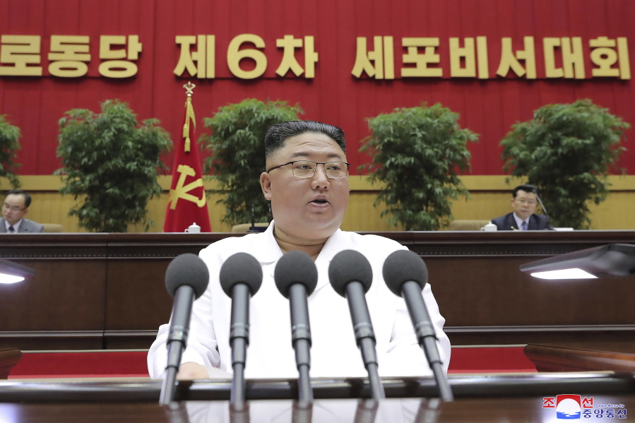 In this photo provided by the North Korean government, North Korean leader Kim Jong Un delivers a closing speech at the Sixth Conference of Cell Secretaries of the Workers' Party of Korea in Pyongyang, North Korea, Thursday, April 8, 2021. Independent journalists were not given access to cover the event depicted in this image distributed by the North Korean government. The content of this image is as provided and cannot be independently verified. Korean language watermark on image as provided by source reads: "KCNA" which is the abbreviation for Korean Central News Agency.