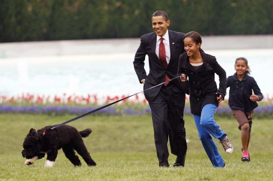 FILE - Int his April 14, 2009, file photo Malia Obama runs with Bo, followed by President Barack Obama and Sasha Obama, on the South Lawn of the White House in Washington. Former President Barack Obama's dog, Bo, died Saturday, May 8, 2021, after a battle with cancer, the Obamas said on social media.