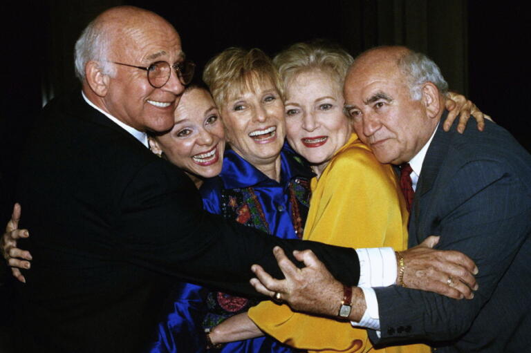 FILE - Former cast members of the Mary Tyler Moore Show, sans Mary Tyler Moore, are reunited for the Museum of Television and Radio's 9th annual Television Festival in Los Angeles on March 21, 1992. From left are Gavin MacLeod, Valerie Harper, Cloris Leachman, Betty White and Ed Asner.   Gavin MacLeod has died. His nephew told the trade paper Variety that MacLeod died early Saturday, May 29, 2021.