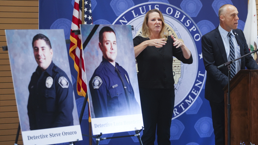 San Luis Obispo police department detective Steve Orozco, left, was wounded and detective Luca Benedetti was killed during a warrant search on Camellia Court Monday, May 11, 2021. San Luis Obispo city manager Derek Johnson, and interpreter Robin Babb speak at news conference at Fire Station 1.