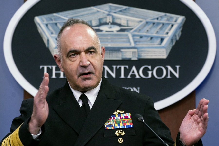Adm. Charles Richard, commander of the U.S. Strategic Command, speaks during a briefing at the Pentagon in Washington, Thursday, April 22, 2021.