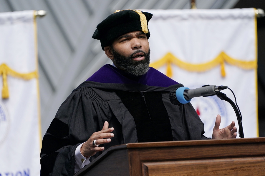 Jackson Mayor Chokwe Antar Lumumba issued an apology on behalf of the city to the families of those killed at Jackson State for the shootings 51 years ago by city and state police officers that killed two people and injured 12 others on the campus of the historically Black institution of higher learning, Saturday, May 15, 2021, in Jackson, Miss. The apology was issued during a special graduation ceremony on the campus, honoring the members of the Class of 1970, that had their graduation canceled because of the violent incident. (AP Photo/Rogelio V.