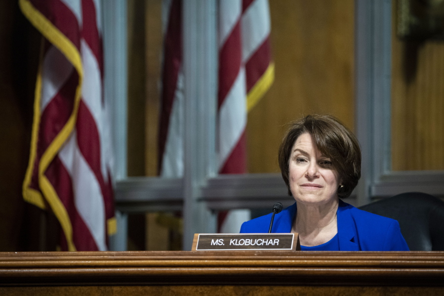 Sen. Amy Klobuchar, D-Minn., listens during a hearing of the Senate Judiciary Subcommittee on Privacy, Technology, and the Law, on Capitol Hill, Tuesday, April 27, 2021, in Washington.