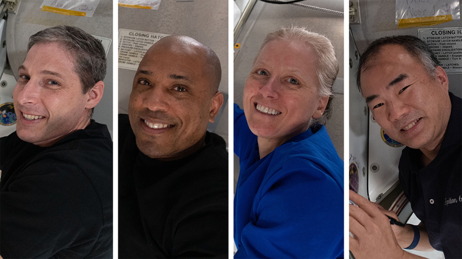 This photo combination provided by NASA shows from left,  Expedition 64 Flight Engineers and SpaceX Crew-1 members Michael Hopkins, Victor Glover, Shannon Walker and Soichi Noguchi.   SpaceX is targeting the predawn hours of Sunday, May 2,  to bring back three NASA astronauts and one from Japan, after dangerously high wind scuttled a pair of earlier attempts.