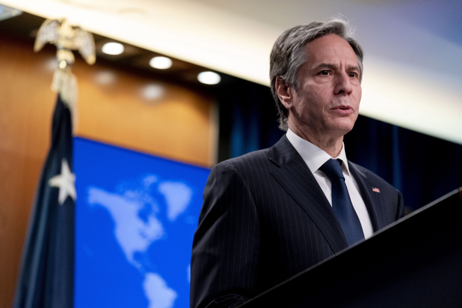 Secretary of State Antony Blinken speaks at a news conference to announce the annual International Religious Freedom Report at the State Department in Washington, Wednesday, May 12, 2021.