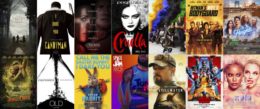 This combination photo shows poster art for upcoming summer films, top row from left, "A Quiet Place Part II," "Candyman," "The Conjuring: The Devil Made Me Do It," "Cruella," "F9," "The Hitman's Wife's Bodyguard," "In the Heights," bottom row from left, "Jungle Cruise," "Old," "Peter Rabbit 2: The Runaway," "Space Jam: A New Legacy," "Stillwater," "The Suicide Squad," and "Zola."   (Top Row from left, Paramount Pictures/Universal Pictures/Warner Bros.