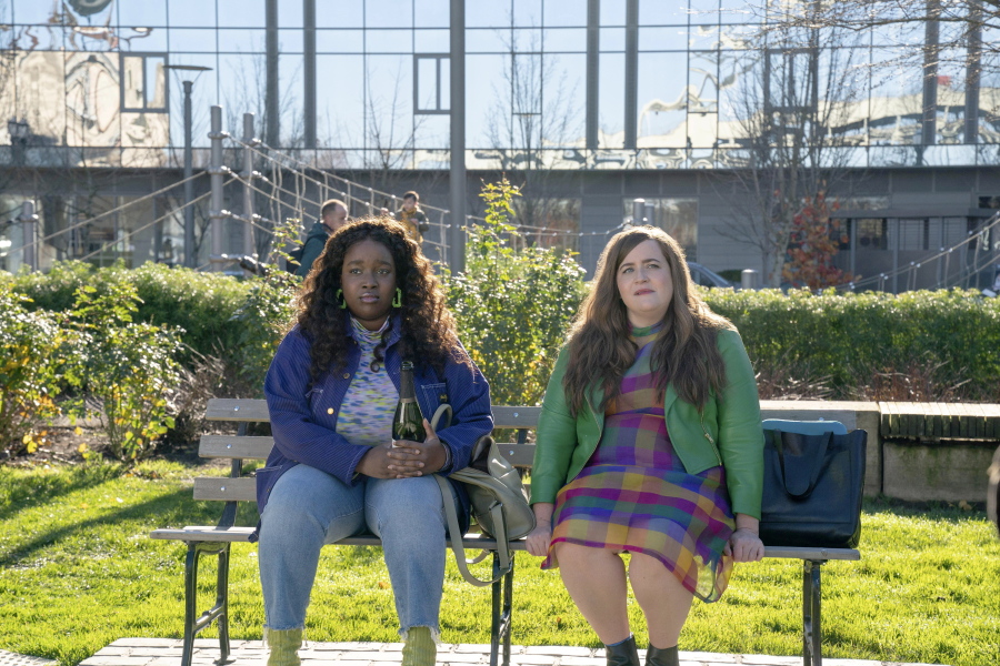 This image released by Hulu shows Lolly Adefope, left, and Aidy Bryant in a scene from the Portland-set comedy series "Shrill." (Hulu via AP) (Hulu)