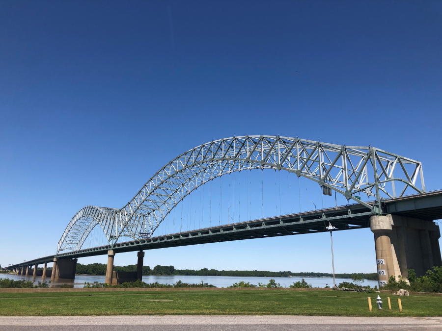 This photo shows the Interstate 40 Bridge linking Tennessee and Arkansas on Friday, May 14, 2021, in Memphis, Tenn. The bridge has been closed since a crack in the span was found May 11. Arkansas transportation officials said Tuesday that an inspector who failed to discover the crack has been fired.