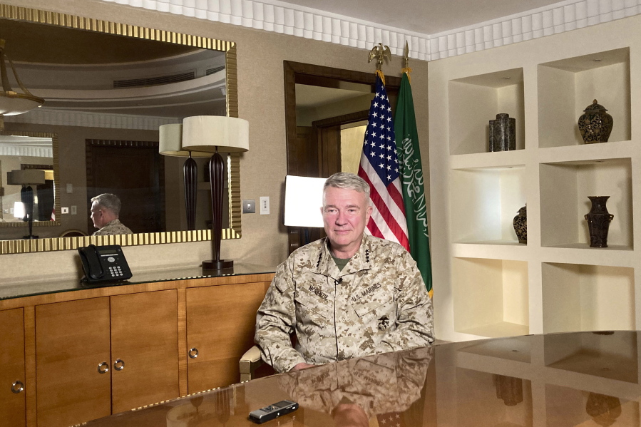 Marine Gen. Frank McKenzie, top U.S. commander for the Middle East, speaks to reporters traveling with him in Riyadh, Saudi Arabia, on Sunday, May 23, 2201. "The Middle East writ broadly is an area of intense competition between the great powers. And I think that as we adjust our posture in the region, Russia and China will be looking very closely to see if a vacuum opens that they can exploit," he says.