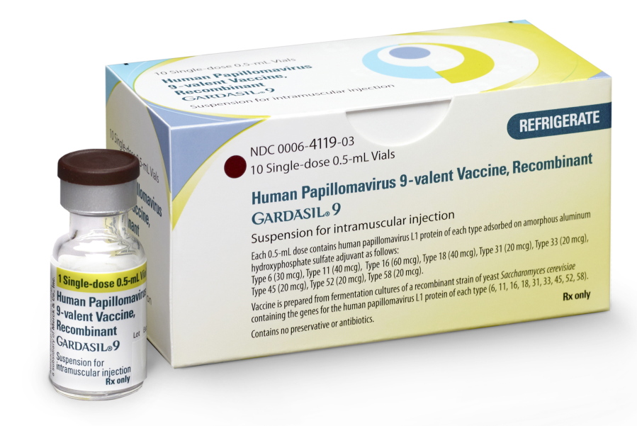 FILE - This undated image provided by Merck in October 2018 shows a vial and packaging for the Gardasil 9 vaccine. According to a study released on Wednesday, May 19, 2021, screening and the HPV vaccine have led to dramatic drops in cervical cancers over the last two decades in the U.S., but the gains are almost offset by a rise in other tumors caused by the virus.