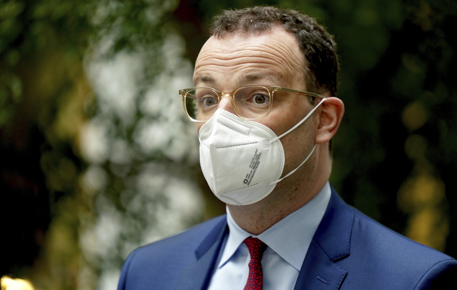 German Health Minister Jens Spahn arrives for a press conference in Berlin, Germany, Wednesday, May 12, 2021.