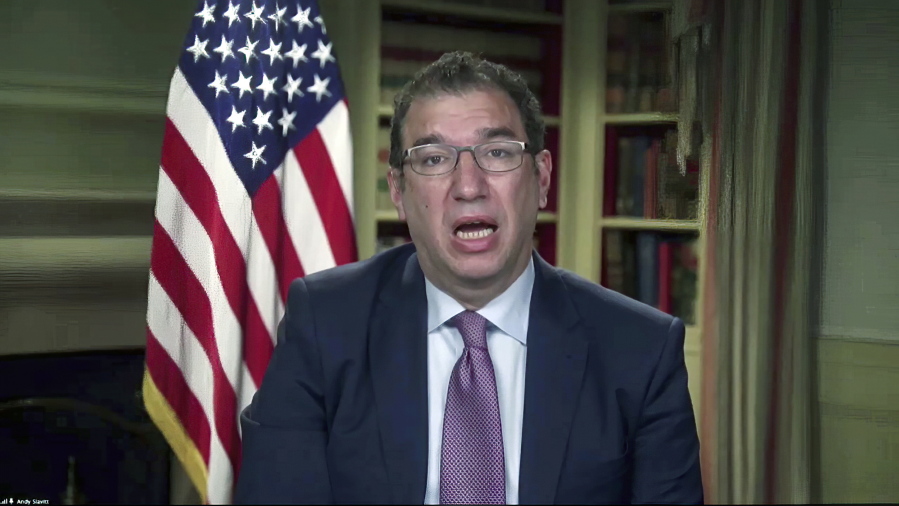 FILE - In this Jan. 27, 2021, image from video, Andy Slavitt, senior adviser to the White House COVID-19 Response Team, speaks during a White House briefing on the Biden administration's response to the COVID-19 pandemic in Washington. Slavitt, a top White House aide is making his pitch for young people to get vaccinated personal by sharing the struggles his own son has dealt with since contracting COVID-19 last fall.
