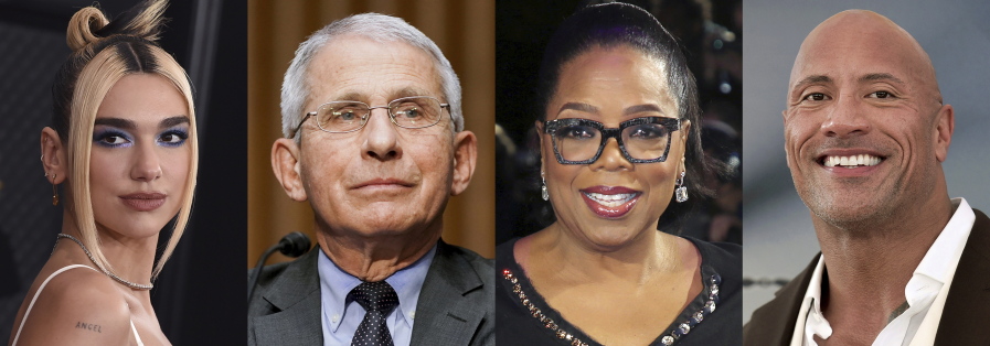 This combination photo shows singer Dua Lipa, from left, Dr. Anthony Fauci, Oprah Winfrey, and Dwayne "The Rock" Johnson, who are among the winners Tuesday at the Webby Awards, which recognize the best internet content and creators. The Webby Person of the Year went to Fauci for using digital and social media to reach the masses with credible and factual COVID-19 information.