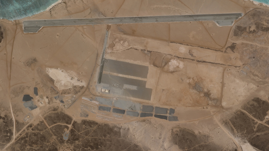 A mysterious air base is seen being built on Yemen's volcanic Mayun Island in this April 11, 2021 satellite photograph from Planet Labs Inc. The air base is in one of the world's crucial maritime chokepoints for both energy shipments and commercial cargo. Officials in Yemen's internationally recognized government say the United Arab Emirates is behind the effort. (Planet Labs Inc.