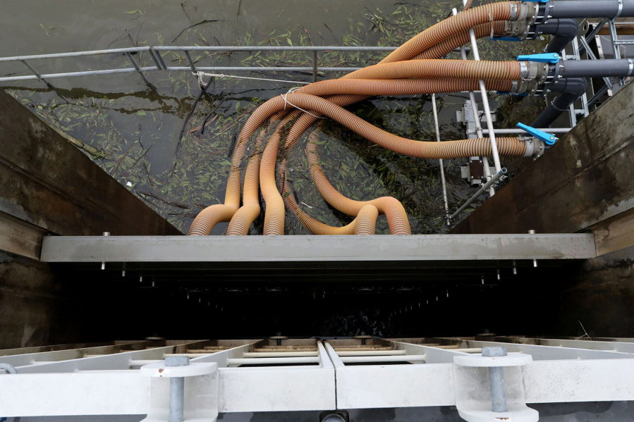 Many hoses connect to the side of the steeppass fish-sorting system at the Emiquon Preserve near Lewistown on May 17, 2021.