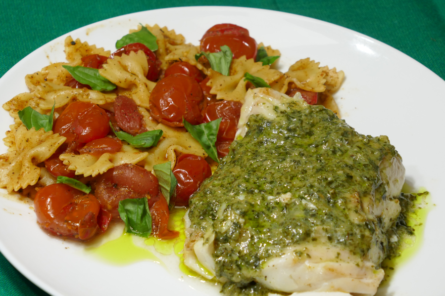 Sauteed Cod With Pesto Sauce and Farfalle With Cherry Tomatoes and Coriander (Linda Gassenheimer/TNS)