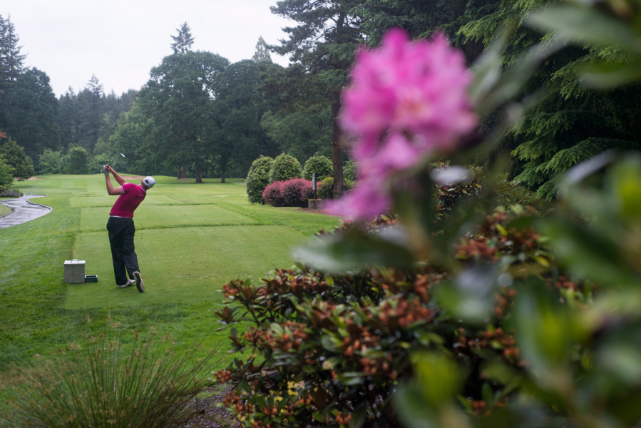 Spencer Tibbits tees off the 16th hole during the final day of the Royal Oaks Invitational in Vancouver on Sunday, June 10, 2018. Robbie Ziegler won the tournament with a score of 7 under par.