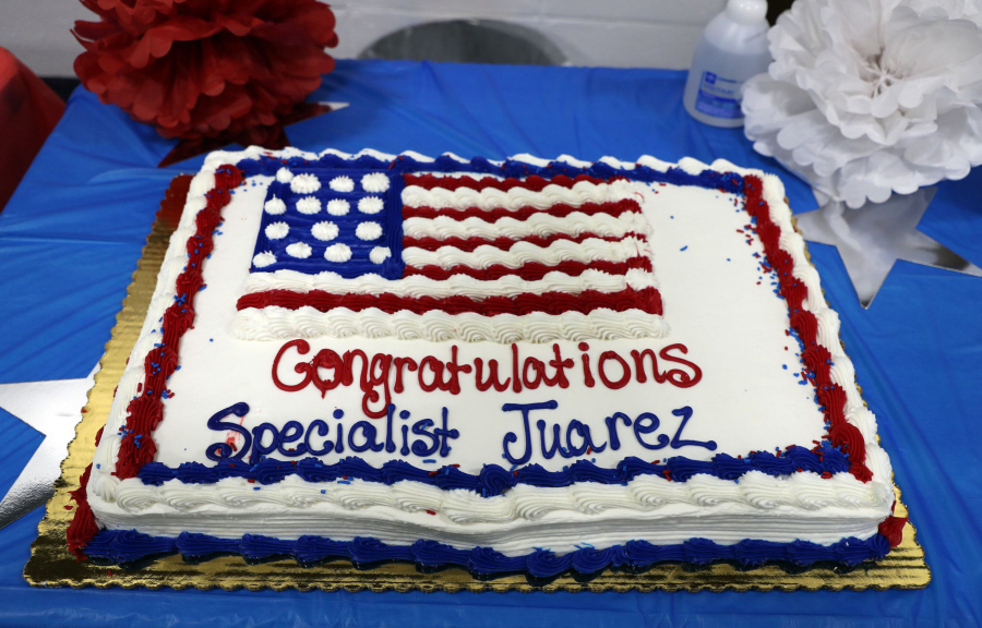 A cake for Illinois National Guard Spec. Alan Juarez, who was naturalized as a U.S. citizen.