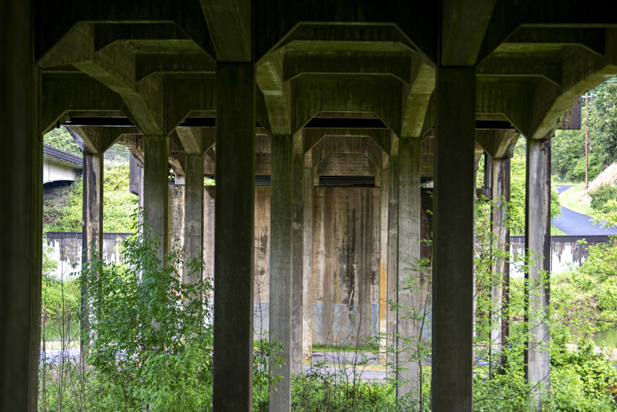 The underside of the northbound I-5 East Fork Lewis River bridge stands above Paradise Point State Park. The northbound span is significantly older than its northbound counterpart and is scheduled to be replaced.