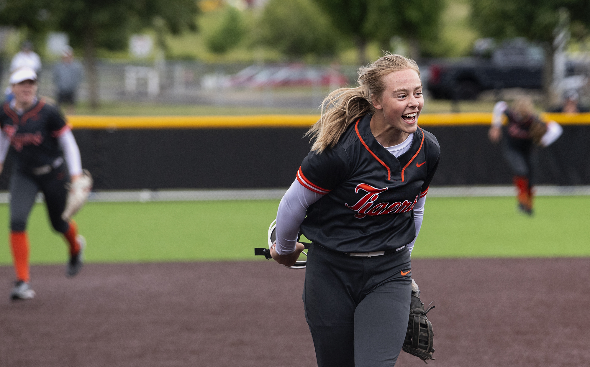 Battle Ground’s Rylee Rehbein celebrates after getting her 10th strikeout to end the game in the 4A/3A Greater St. Helens League district championship game on Saturday, June 5, 2021, at Camas High School. Battle Ground defeated Mountain View 8-0 to take the title.